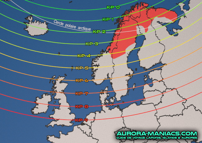 Où voir des aurores boréales, carte (Echelle KP Europe)